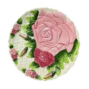 KMC Vintage Rose Basketweave Ceramic Dessert Plates Set of 6 Pink Floral 8in